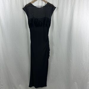 Orna Farho Paris Amelia Black Sheer Velvet Burnout Ruched Ruffle Maxi Dress M